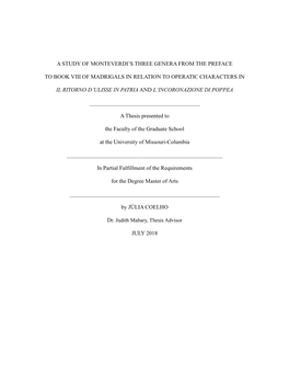 A Study of Monteverdi's Three Genera from the Preface to Book Viii of Madrigals in Relation to Operatic Characters in Il