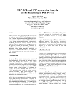 UDP, TCP, and IP Fragmentation Analysis and Its Importance in TOE Devices