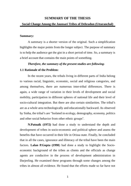 SUMMARY of the THESIS Social Change Among the Jaunsari Tribes of Dehradun (Uttaranchal)