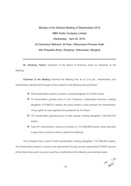 Minutes of the General Meeting of Shareholders 2016 MBK Public Company Limited Wednesday, April 20, 2016