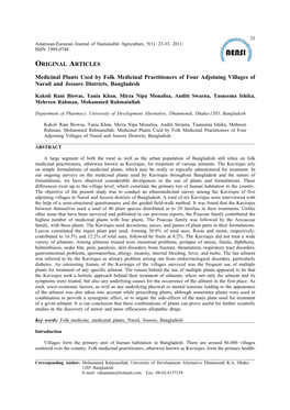 Medicinal Plants Used by Folk Medicinal Practitioners of Four Adjoining Villages of Narail and Jessore Districts, Bangladesh