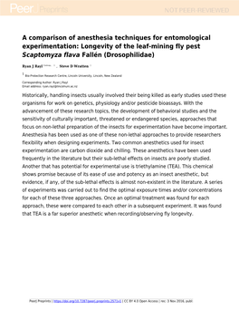 A Comparison of Anesthesia Techniques for Entomological Experimentation: Longevity of the Leaf-Mining Fly Pest Scaptomyza Flava Fallén (Drosophilidae)