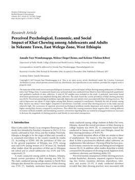 Perceived Psychological, Economic, and Social Impact of Khat Chewing Among Adolescents and Adults in Nekemte Town, East Welega Zone, West Ethiopia