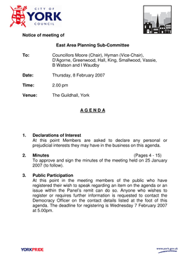 Notice of Meeting of East Area Planning