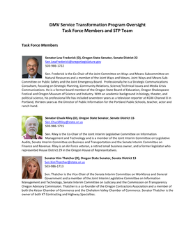 DMV Service Transformation Program Oversight Task Force Members and STP Team