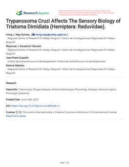 Trypanosoma Cruzi Affects the Sensory Biology of Triatoma Dimidiata (Hemiptera: Reduviidae)