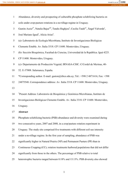 1 Abundance, Diversity and Prospecting of Culturable Phosphate Solubilizing Bacteria On