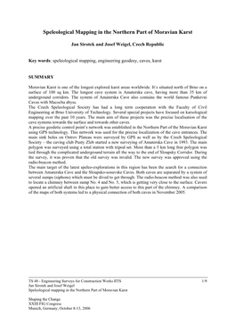 Speleological Mapping in the Northern Part of Moravian Karst