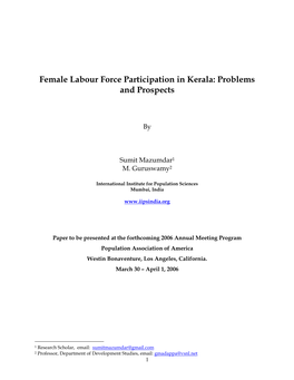 Female Labour Force Participation in Kerala: Problems and Prospects