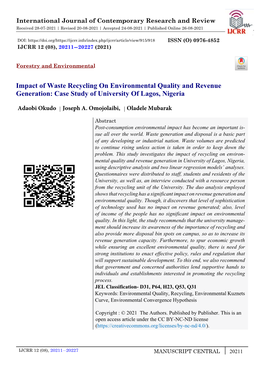 Impact of Waste Recycling on Environmental Quality and Revenue Generation: Case Study of University of Lagos, Nigeria