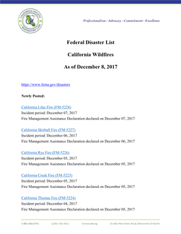 Federal Disaster List California Wildfires As of December 8, 2017
