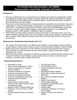 The Student Non-Discrimination Act (SNDA) Representative Jared Polis & Senator Al Franken