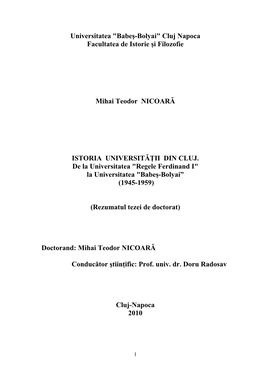 Cluj Napoca Facultatea De Istorie Şi Filozofie Mihai Teodor NICOARĂ