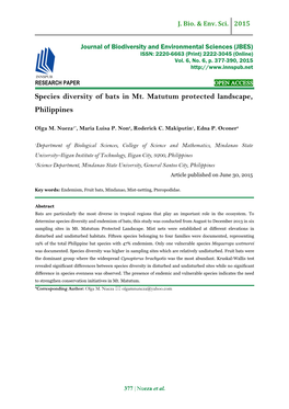 Species Diversity of Bats in Mt. Matutum Protected Landscape, Philippines