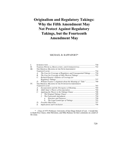 Originalism and Regulatory Takings: Why the Fifth Amendment May Not Protect Against Regulatory Takings, but the Fourteenth Amendment May