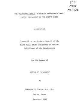 V 8/J No. -2 the PRAECEPTOR AMORIS in ENGLISH RENAISSANCE LYRIC POETRY: ONE ASPECT of the POET's VOICE