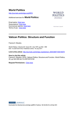 World Politics Vatican Politics