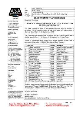 ELECTRONIC TRANSMISSION Dear ASA Members CONTACT DETAILS