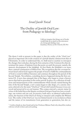 Israel Jacob Yuval the Orality of Jewish Oral Law: From