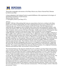 Thrust Plate Stratigraphy and Structure of the Many Glacier Area, Glacier