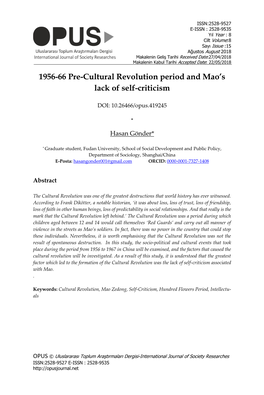 1956-66 Pre-Cultural Revolution Period and Mao's Lack of Self-Criticism