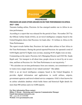 OAG Tanzania Leading Airline, Precision Air Has Emerged Number One in Africa in On- Time Performance