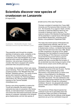 Scientists Discover New Species of Crustacean on Lanzarote 24 August 2009