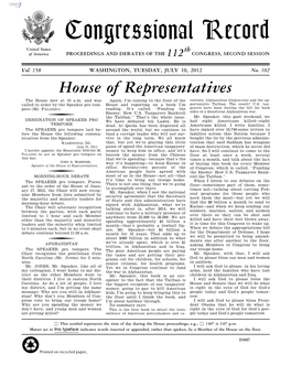 Congressional Record United States Th of America PROCEEDINGS and DEBATES of the 112 CONGRESS, SECOND SESSION