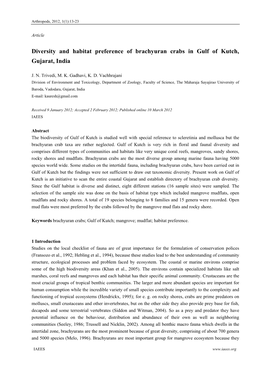 Diversity and Habitat Preference of Brachyuran Crabs in Gulf of Kutch, Gujarat, India