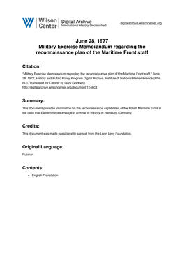 June 28, 1977 Military Exercise Memorandum Regarding the Reconnaissance Plan of the Maritime Front Staff