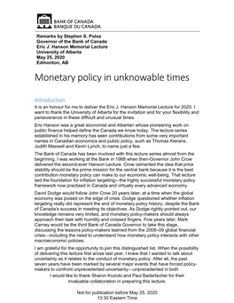Stephen S Poloz: Monetary Policy in Unknowable Times