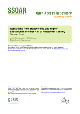 Romanians from Transylvania and Higher Education in the First Half of Nineteenth Century Sigmirean, Cornel