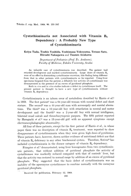 Cystathioninuria Not Associated with Vitamin B6 Dependency: a Probably New Type of Cystathioninuria