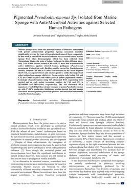 Pigmented Pseudoalteromonas Sp. Isolated from Marine Sponge with Anti-Microbial Activities Against Selected Human Pathogens