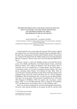 The First Record of the Land Crab, Discoplax Rotunda (Quoy & Gaymard, 1824) (Decapoda, Brachyura, Gecarcinidae) from East Africa: the Problem of the Island Species