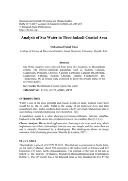 Analysis of Sea Water in Thoothukudi Coastal Area