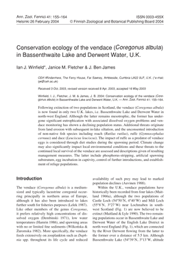 Conservation Ecology of the Vendace (Coregonus Albula) in Bassenthwaite Lake and Derwent Water, U.K