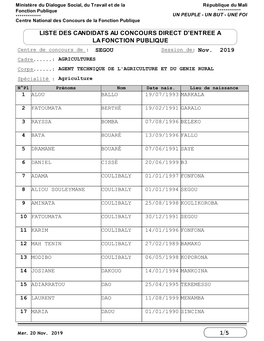 1 Liste Des Candidats Au Concours Direct D'entree A