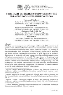 Solid Waste Generation Characteristics: the Malaysian Local Authorities’ Outlook