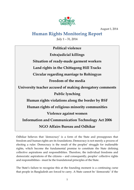 Human Rights Monitoring Report July 1 – 31, 2014