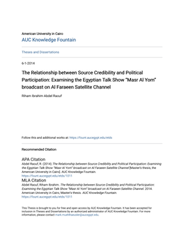 The Relationship Between Source Credibility and Political Participation: Examining the Egyptian Talk Show “Masr Al Yom” Broadcast on Al Faraeen Satellite Channel