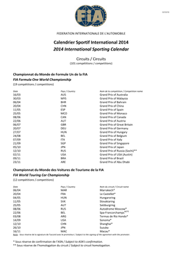 Calendrier Sportif International 2014 2014 International Sporting Calendar