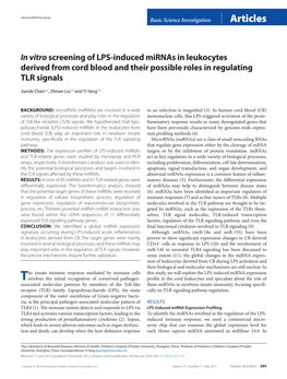 In Vitro Screening of LPS-Induced Mirnas in Leukocytes Derived from Cord Blood and Their Possible Roles in Regulating TLR Signals