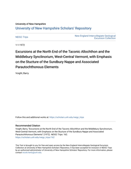 Excursions at the North End of the Taconic Allochthon and the Middlebury Synclinorium, West-Central Vermont, with Emphasis on Th