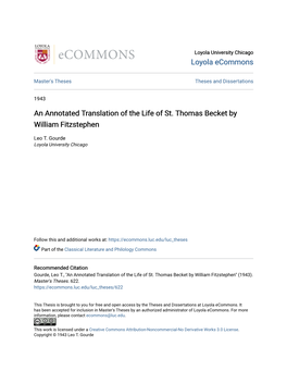 An Annotated Translation of the Life of St. Thomas Becket by William Fitzstephen