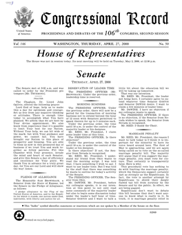 Congressional Record United States Th of America PROCEEDINGS and DEBATES of the 106 CONGRESS, SECOND SESSION