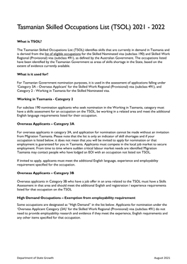 Tasmanian Skilled Occupations List (TSOL) 2021 - 2022