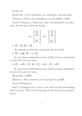 Lecture 15: Recall Defn. of Row Operations, Row Equivalence, and Row Space