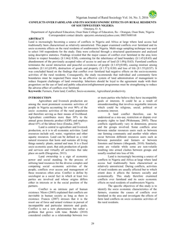 CONFLICTS OVER FARMLAND and ITS SOCIOECONOMIC EFFECTS on RURAL RESIDENTS of SOUTHWESTERN NIGERIA Omotara, O