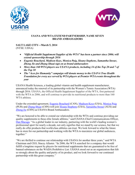 Usana and Wta Extend Partnership, Name Seven Brand Ambassadors